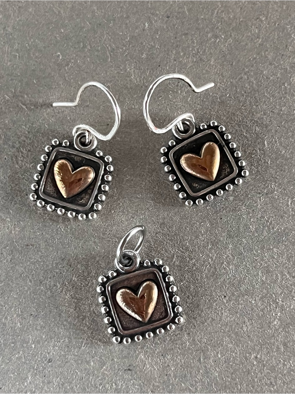 Retired James Avery Radiant Heart Silver Bronze Charm Earrings Pendant - Picture 3 of 3